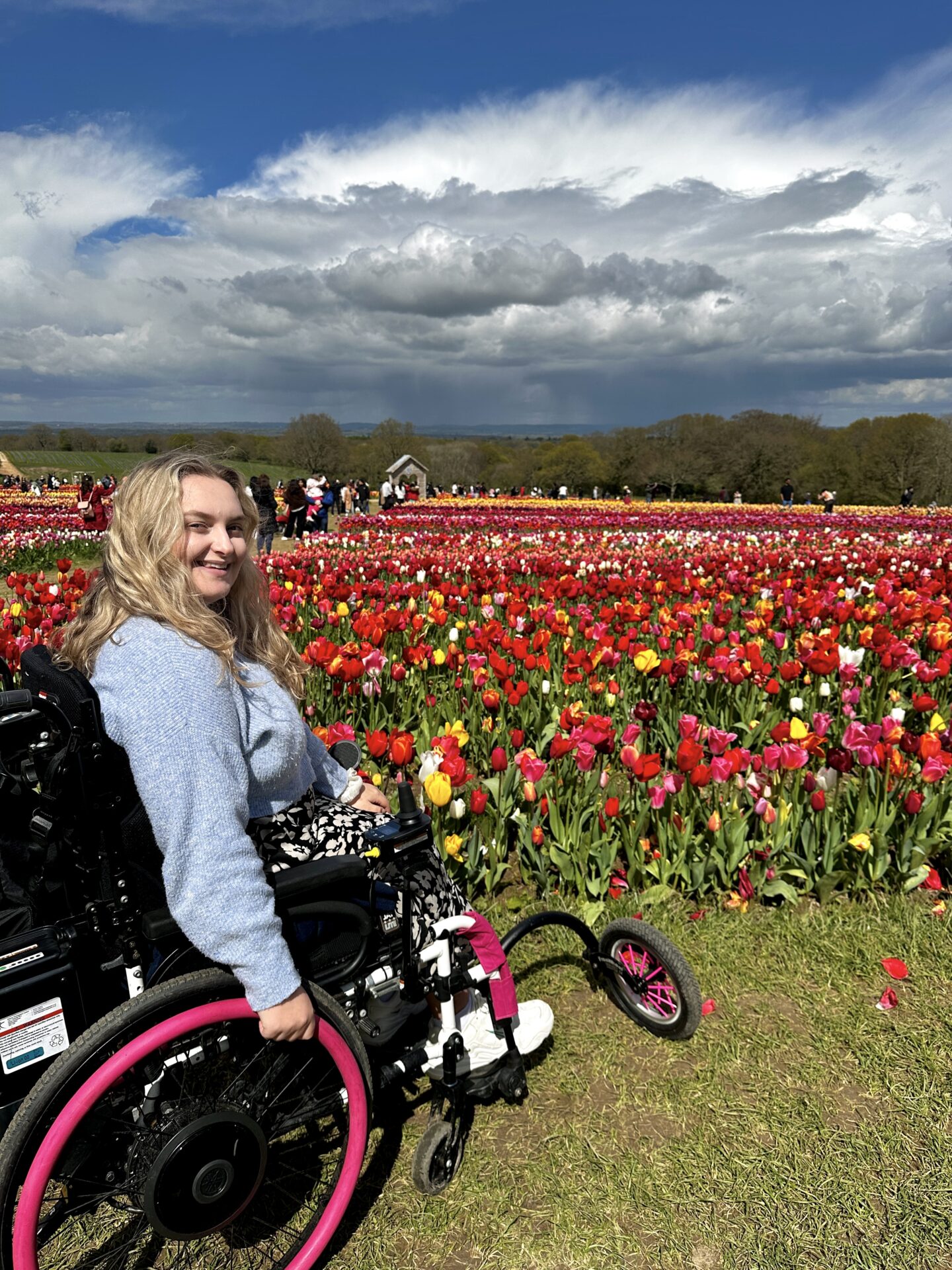 Photo of a woman in a self-propelling wheelchair, with bright pink coloured push rims, standing in front of a field in many different shades of: red; yellow; pink; white; & orange flowers. In the far background a treeline & a cloudy skyline can also be seen.