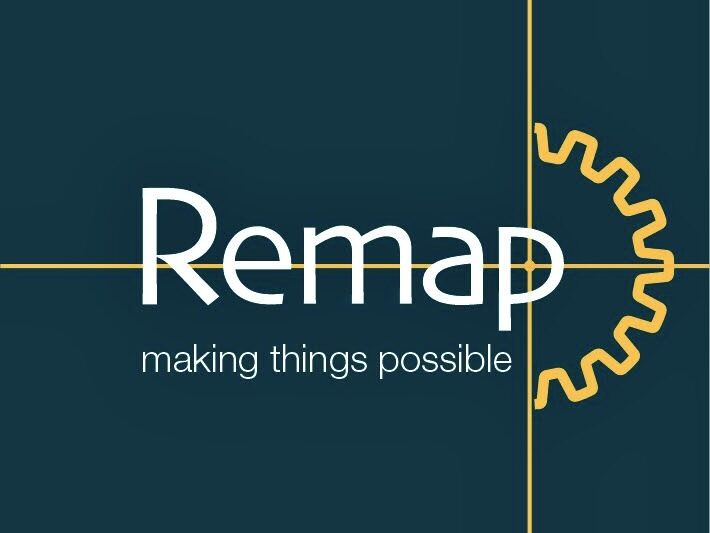 Logo for the charity Remap. The word “Remap” is presented in large white text below which the tagline “making things possible” appears in smaller, lowercase white text. Thin yellow lines in the background intersect within the centre of the "p" in "Remap" to form a cross, & on the two right hand cross sections, there is a large half-gear shape in the same yellow, invoking the charities goal of providing mobility aids & equipment.