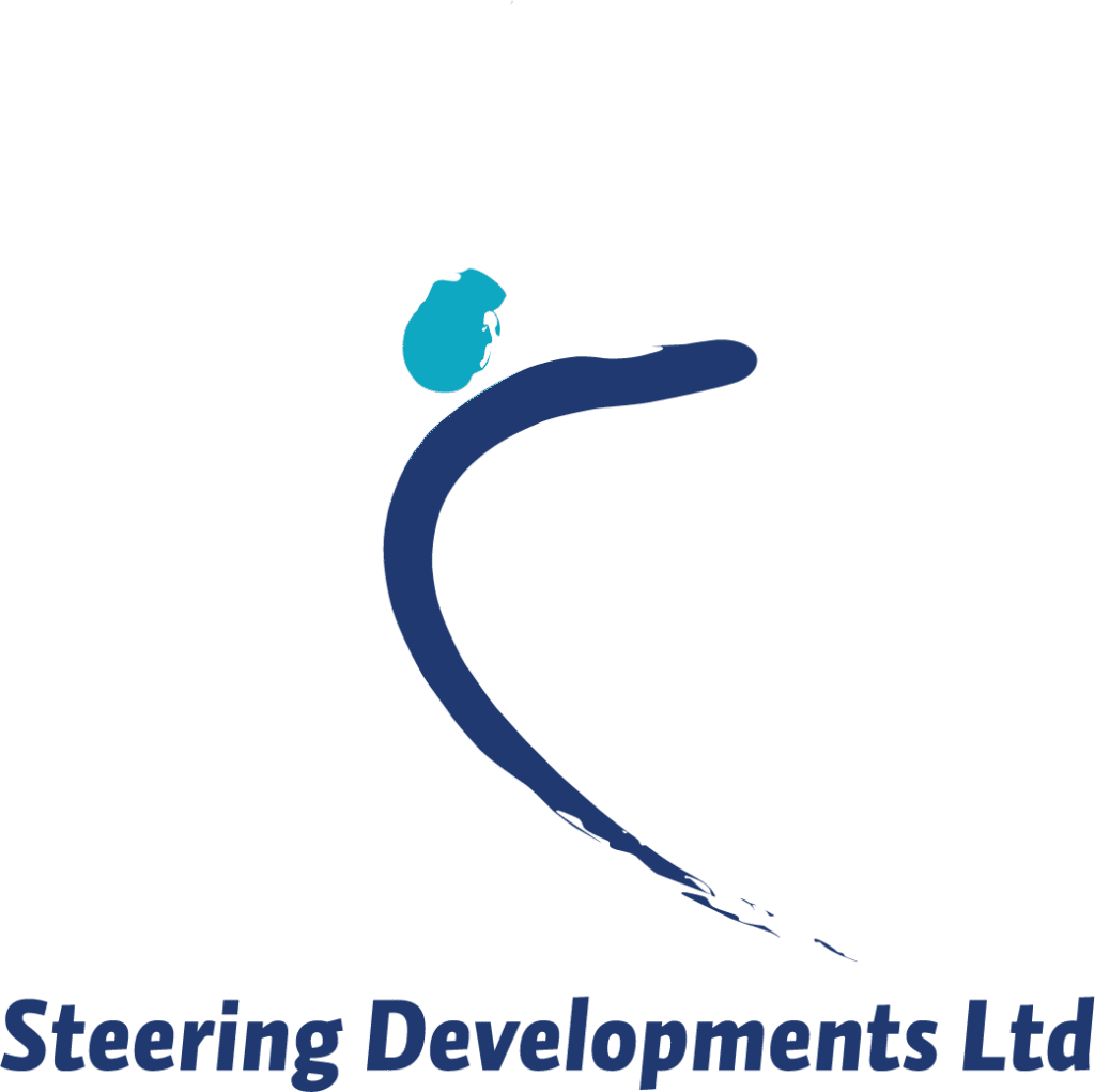 Logo consisting of a brushstroke graphic intended to resemble the skid mark of a tire turning at speed, below which are the word 'Steering Developments Ltd' in bold, dark blue text.