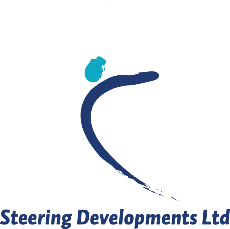 Logo consisting of a brushstroke graphic intended to resemble the skid mark of a tire turning at speed, below which are the word 'Steering Developments Ltd' in bold, dark blue text.