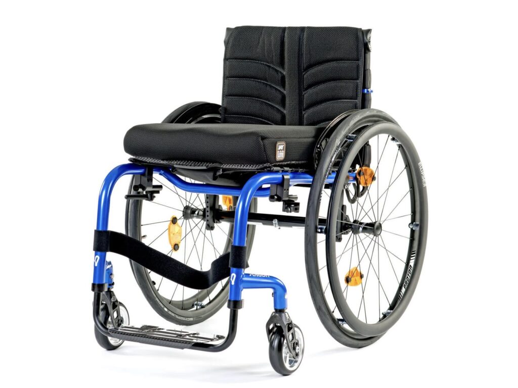 Three-quarter profile image of a 'Quickie Argon 2' self-propelling wheelchair, with a metallic blue frame.