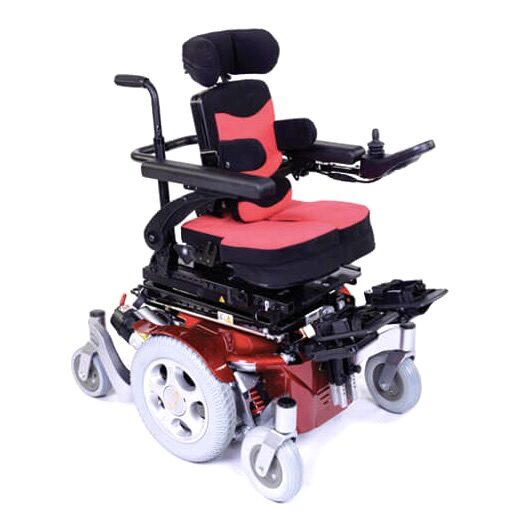 Side profile image of a 'Quickie Salsa M2 Triton' electric wheelchair. The seat, lower backrest, & base of the frame are all in orange.