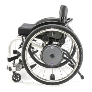 Side profile image of a 'Küschall' self-propelling wheelchair with a pair of 'Alber E-Motion' power assist wheels attached.