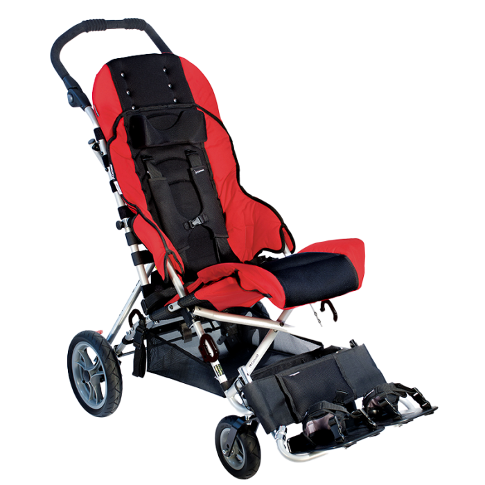 Photo of a 'Convaid Cruiser', A 30° fixed-tilt folding buggy with a red and black seat, and a chest harness.