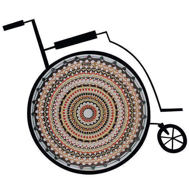 Image of a 'Crochet Wheel Spoke Cover', a colourful knitted pattern covering for wheelchairs wheel's spokes.