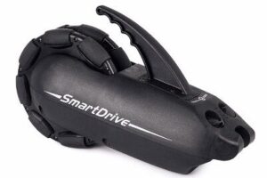 Photo of a 'SmartDrive' power add-on for a wheelchair.