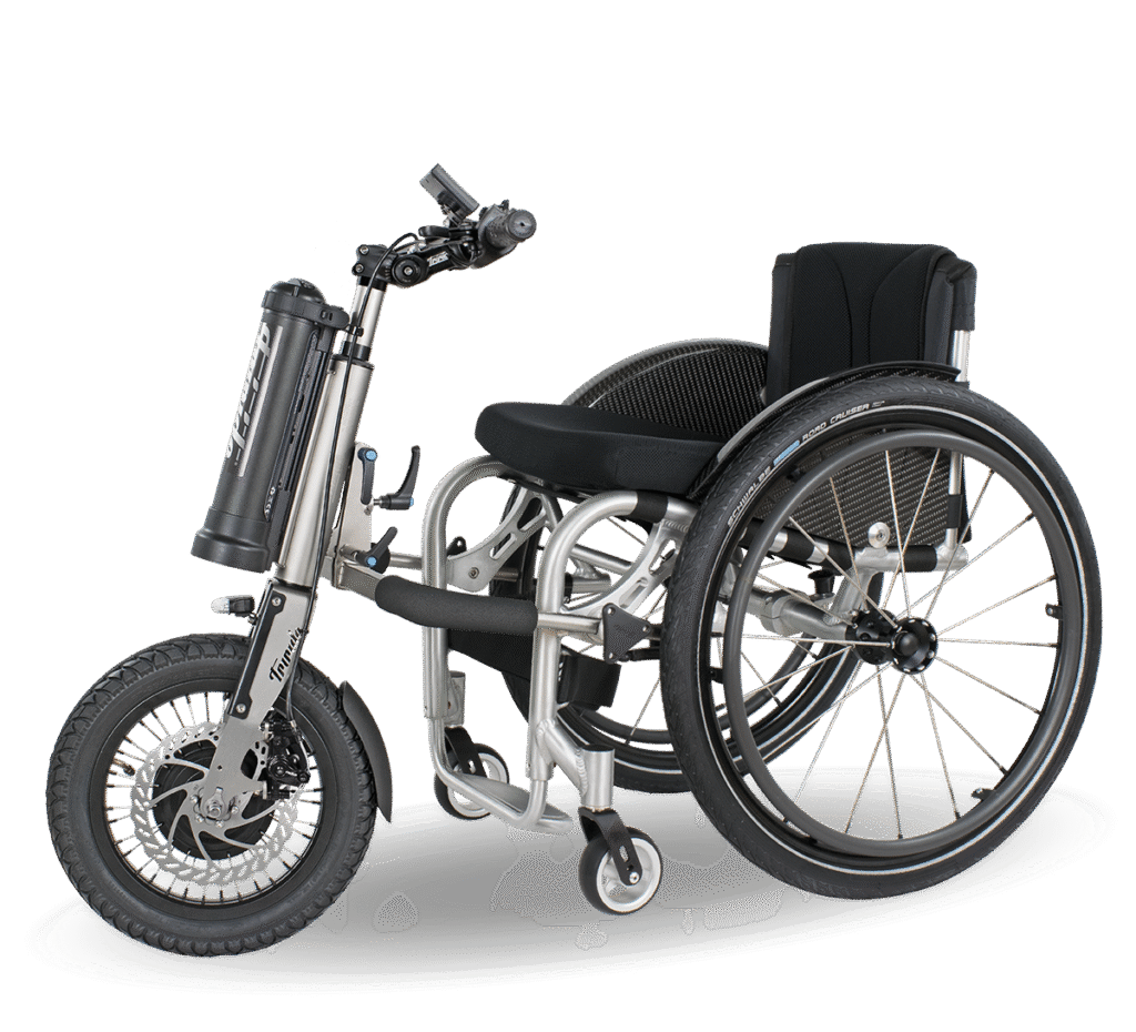 Side profile image of a 'Triride Light' bike-style power add-on connected at the front, to a self-propelling wheelchair.