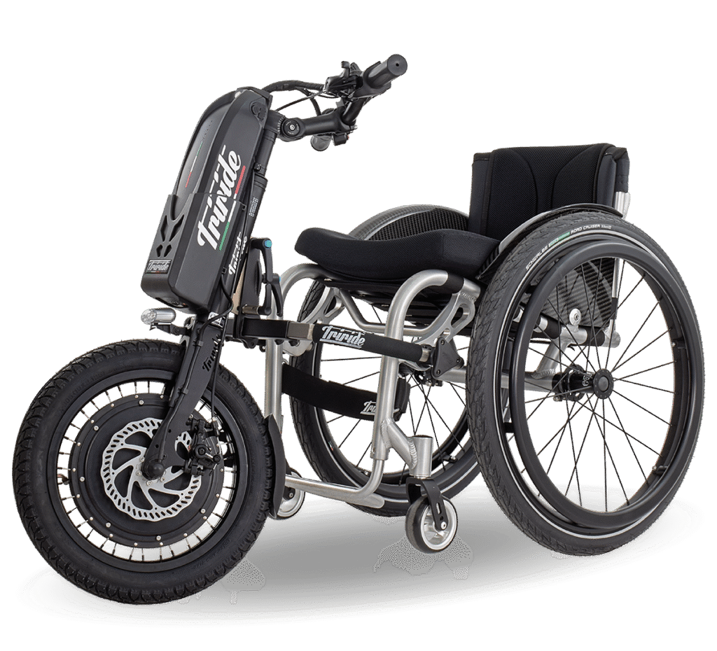 Side profile image of a 'Triride HP 16' connected on to a self-propelling wheelchair.