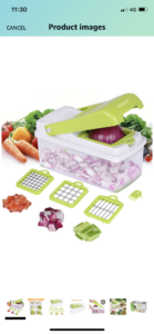 Mobile screenshot image of the Product Image section of a 'Vegetable Chopper', showing the chopper filled with an onion being chopped by the chopper, as well as examples of the different grates that allow different vegetables to be cut, with visual examples given including tomatoes, onions, and cucumber.