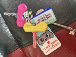 Photo of a set of keys, focusing on two small keys with 'Keywings'- small plastic clips that attach to the key, making the key easier to turn for those with mobility issues.