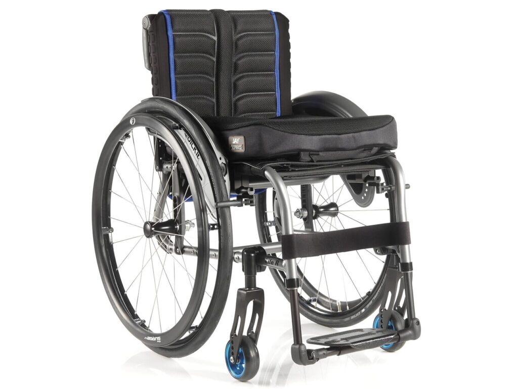 Three quarter profile photo of a grey 'Quickie Life (Sports Version)' self-propelling wheelchair.