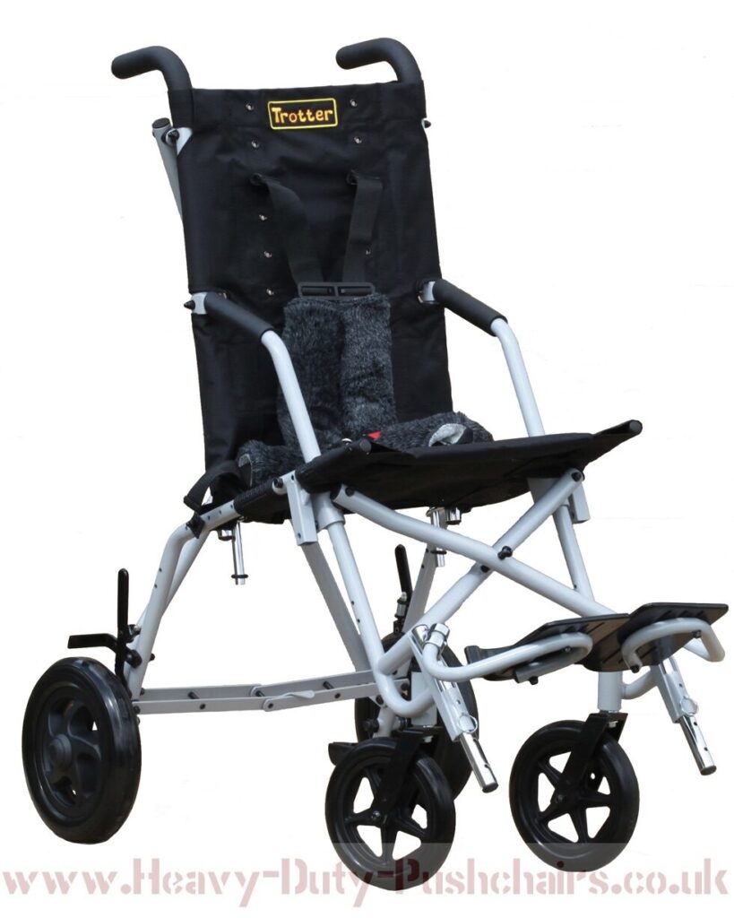 Profile image of a black 'Trotter Pushchair' with adjustable footrest & white metal frame.