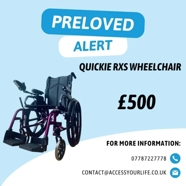 🦼 Preloved Product Alert - Quickie RXS wheelchair 🦼

This pre-owned powerchair comes with  power attachment, self-propelling wheels, joystick to control power assist, removable side guards / footplates and battery charging unit. 

Measurements: Seat width: 43cm / 17 inches, Seat depth: 40.5cm / 16 inches, Backrest height: 48cm / 19 inches, but can be folded down
Condition: Good Condition
Cost: £500 (open to offers)
Collection: Cornwall

For more information or to inquire with the seller, please get in touch! ⬇️

Image Description: An advert promoting a preloved powerchair with a black and purple frame. The product name, price, and AYL’s contact information are displayed in black text against a light blue background.