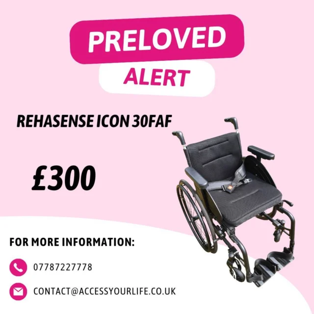 🦼 Preloved Product Alert - Rehasense ICON 30FAF 🦼

This pre-owned powerchair is a small wheelchair but the seat is adjustable. This wheelchair comes with 2 sets of Omobic wheels, 1 pair with Speedlite 'Puncture Guard' pneumatic tyres 26" x 1",1 pair with Innova Mountain bike tread tyres 26" x 1.75"

Measurements: Seat width - 40cm,Seat depth - 40cm, Seat height - 48.5cm, Rear seat height 45.5cm, Backrest height - 34cm, Wheelchair height - 83cm
Condition: Great condition 
Cost: £300
Collection: Reading (Delivery Available)

For more information or to inquire with the seller, please get in touch! ⬇️
Image Description: An advert promoting a preloved powerchair with a black frame. The product name, price, and AYL’s contact information are displayed in black text against a light pink background.