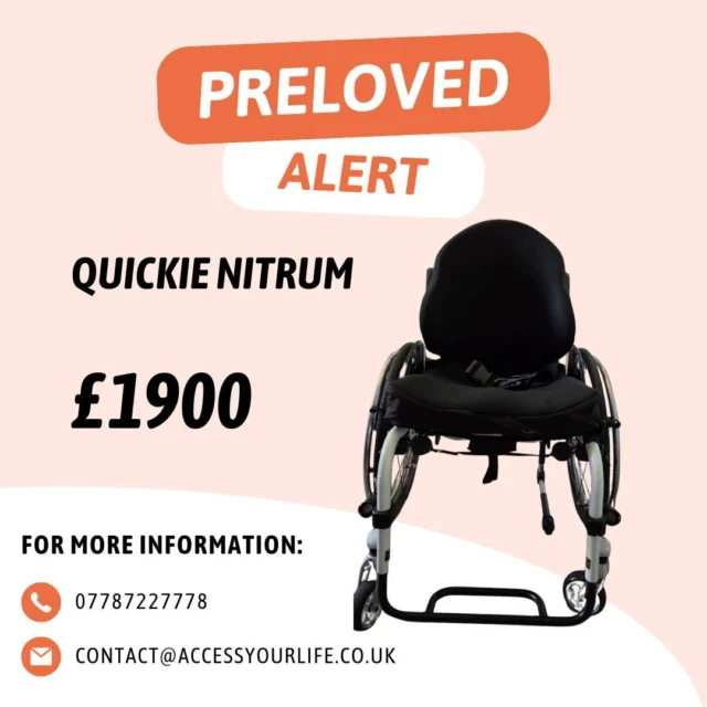 🦼 Preloved Product Alert - Quickie Nitrum🦼

This pre-owned light active user wheelchair  has one anti-tip, jay deep contour backrest, jay union cushion, fold down handles and side guards. 

Measurements: 48cm width X 44cm Depth
Condition: Used
Cost: £1900
Collection: Derby (can deliver nearby)

For more information or to inquire with the seller, please get in touch! ⬇️
Image Description: An advert promoting a preloved powerchair with a black and white frame. The product name, price, and AYL’s contact information are displayed in black text against a light blue background.