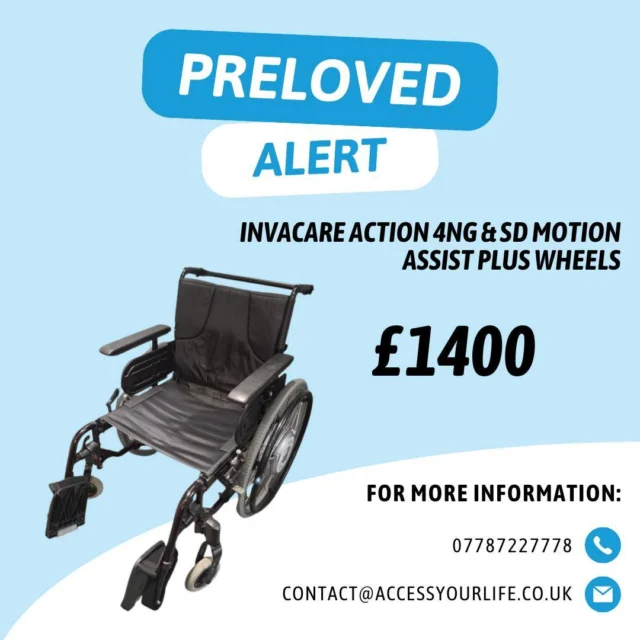 🦼 Preloved Product Alert - Invacare Action 4NG & SD Motion Assist  Plus Wheels🦼

This pre-owned manual wheelchair comes with a power add-on system with wheels which also includes a rigid cushion. Each element of the package has a complete manual. The chair has been kept up to a very high standard and maintained.

Condition: Nearly New 
Cost: £1400

For more information or to inquire with the seller, please get in touch! ⬇️

Image Description: An advert promoting a preloved manual wheelchair with a power add-on system with wheels.  The product name, price, and AYL’s contact information are displayed in black text against a light blue background.