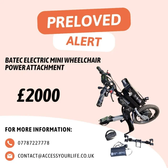 🦼 Preloved Product Alert -Batec Electric Mini Wheelchair power Attachment🦼

This pre-owned power attachment includes the battery, charger and a toolkit. The Batec Mini attaches to the front of your active wheelchair by using a bracket which is included in the sale. This can be used on wheelchairs with a fixed footplate or with swing-away footplates. The Mini is a compact version of the Batec wheelchair Attachment range. With a smaller wheel it is perfect for negotiating tight spaces and great for holidays, day trips and weekends away. 

Condition: Nearly New 
Cost: £2000
Collection:Collection only or will deliver within 30 miles of Haywards Heath, West Sussex 

For more information or to inquire with the seller, please get in touch! ⬇️

Image Description: An advert promoting a preloved power attachment with black frame  The product name, price, and AYL’s contact information are displayed in black text against a light orange background.